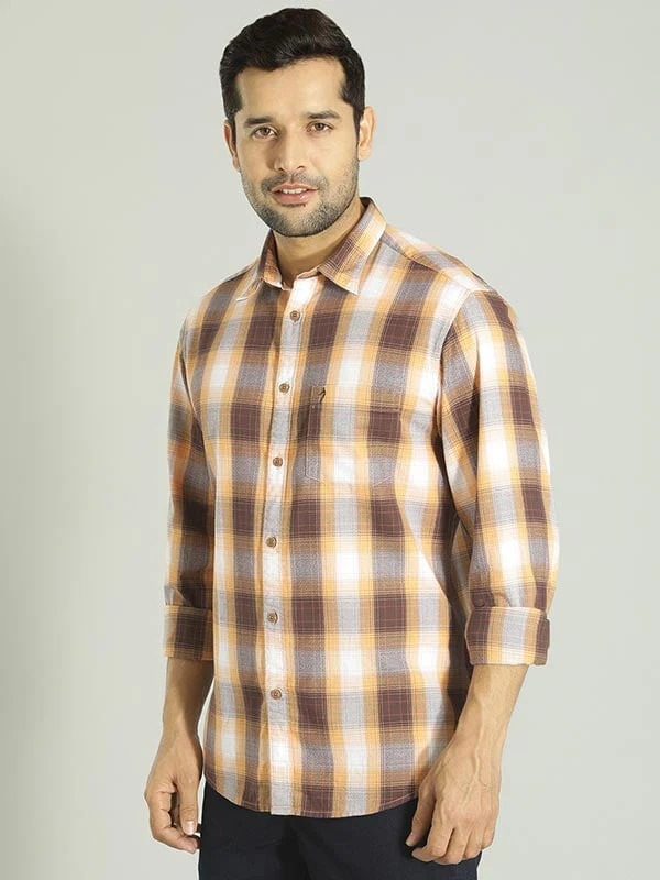 Indian Terrain Men Checkered Orange Shirt